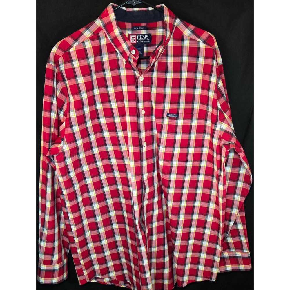 Chaps‎ Ralph Lauren Mens Red Plaid Madras Easy Care Button Down Shirt Large